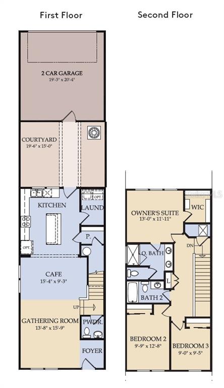This floor plan shows a two-story home with a garage, courtyard, and three bedrooms — 6913 CREEK FALLS ALLEY, CLERMONT, FL