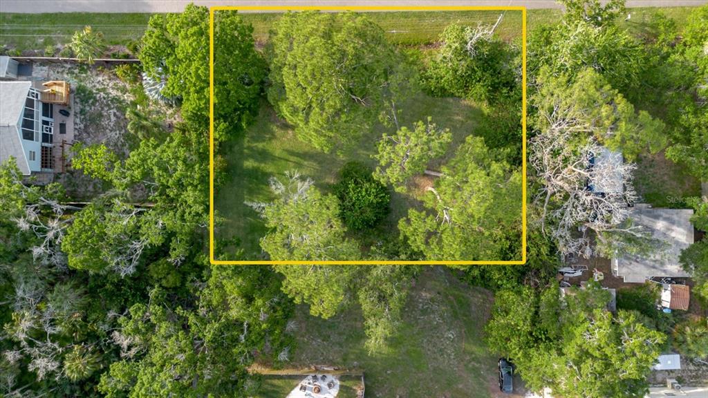 An aerial view shows a rectangular, tree-covered vacant lot outlined in yellow — HIGHLAND AVENUE, TARPON SPRINGS, FL