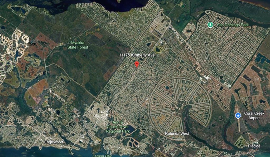 This is a satellite map view showing the location of a property in Florida — 11175 KIMBERLY AVENUE, ENGLEWOOD, FL