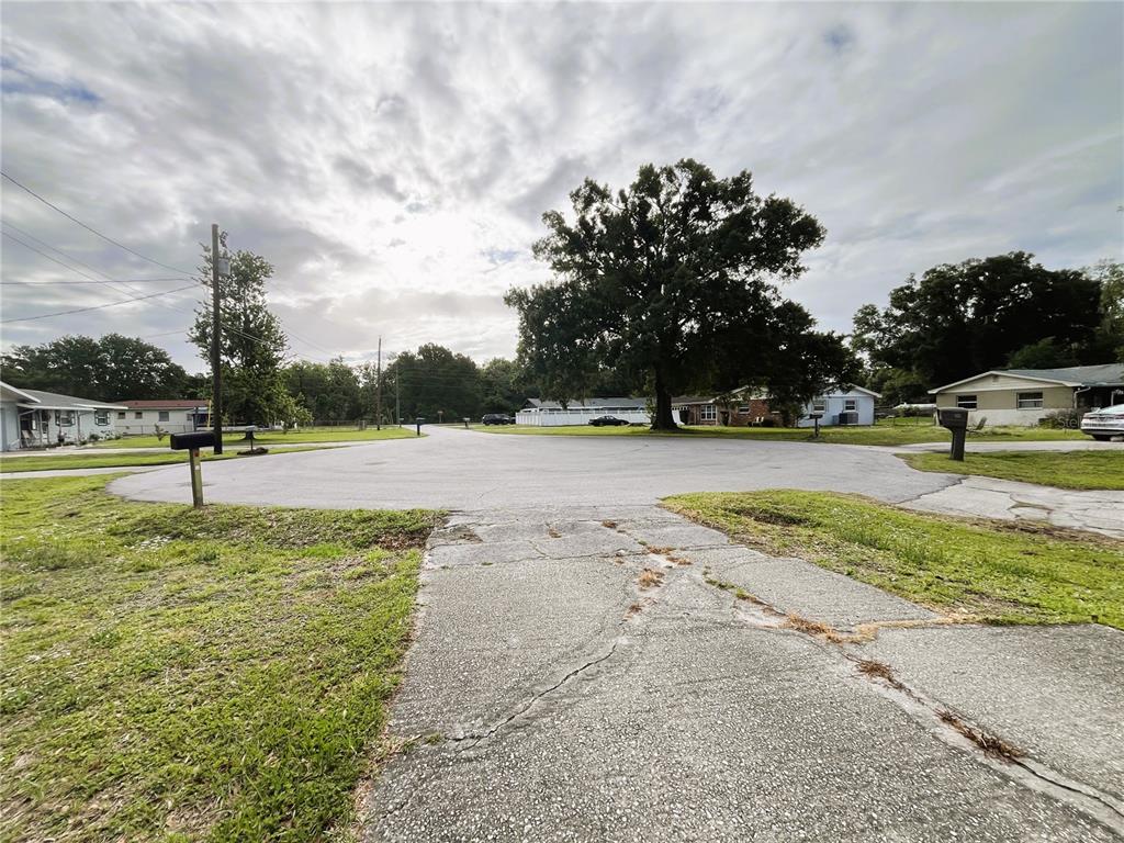 A view from a cracked concrete driveway looking out toward a residential street and trees — 121 MARIS COURT, LAKELAND, FL