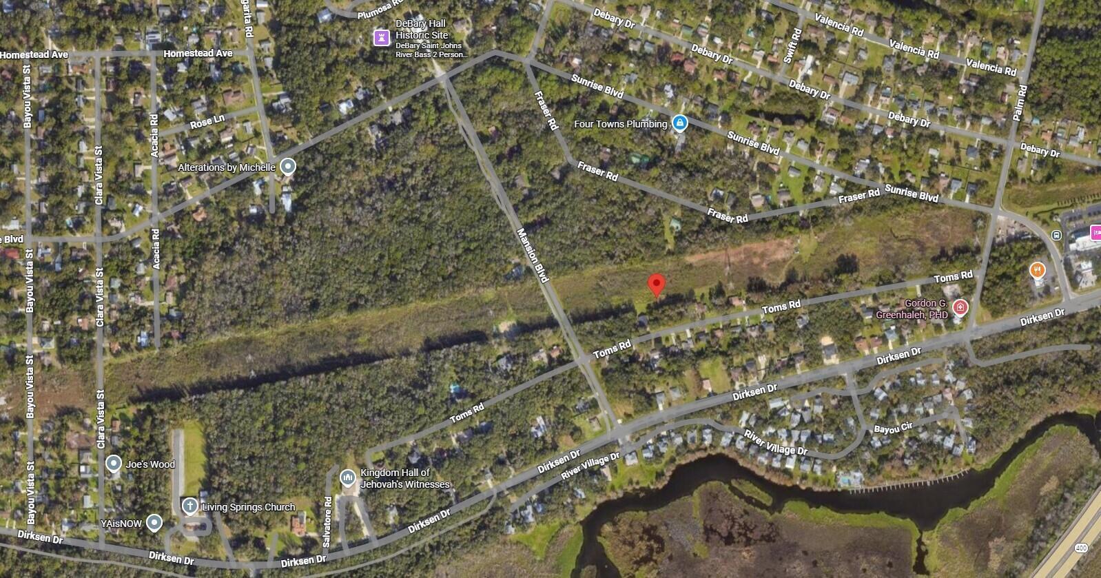 This is a satellite map view of a residential neighborhood in DeBary, Florida — 240 Toms Road, FL 32713, FL