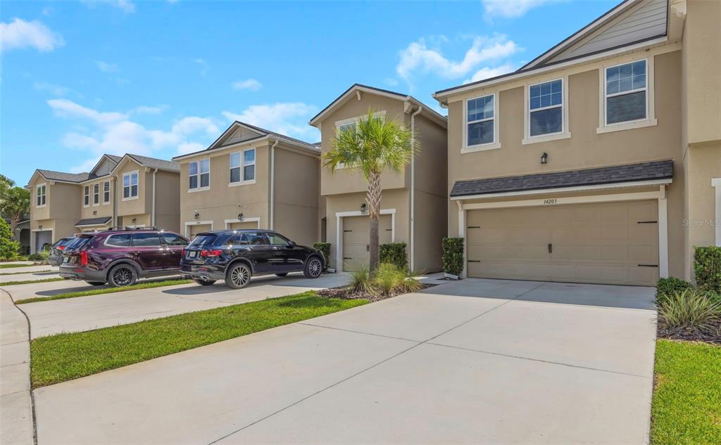 A row of two-story townhouses with attached garages and driveways under a blue sky — 14203 DAMSELFLY DRIVE, TAMPA, FL