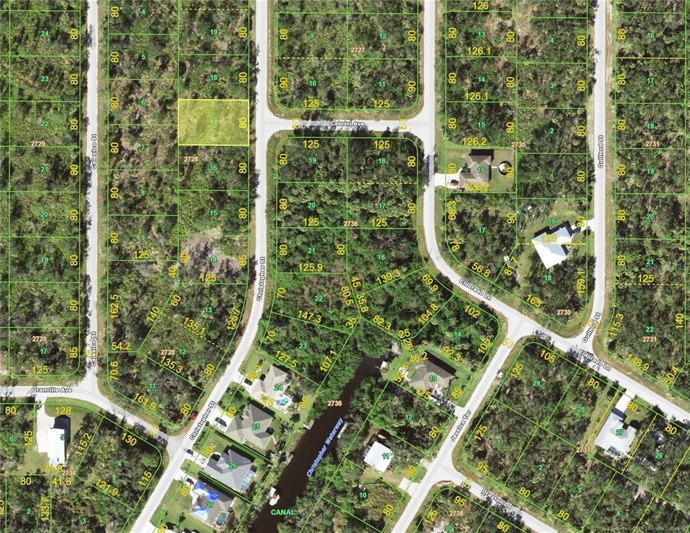 This is a satellite map showing residential land parcels and streets — 3121 CHRISTOPHER STREET, PORT CHARLOTTE, FL