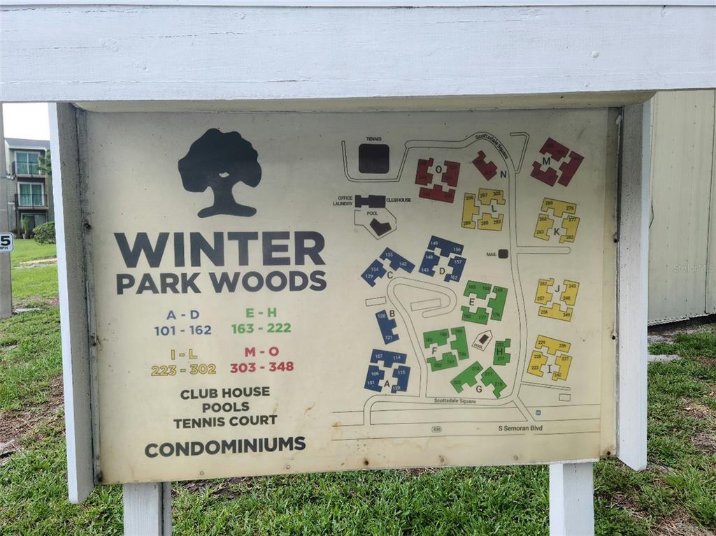 This is a site map of the Winter Park Woods condominium complex — 263 SCOTTSDALE SQUARE UNIT 263, WINTER PARK, FL