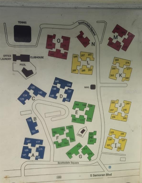 This is a site map showing the layout of apartment buildings, amenities, and roads — 263 SCOTTSDALE SQUARE UNIT 263, WINTER PARK, FL