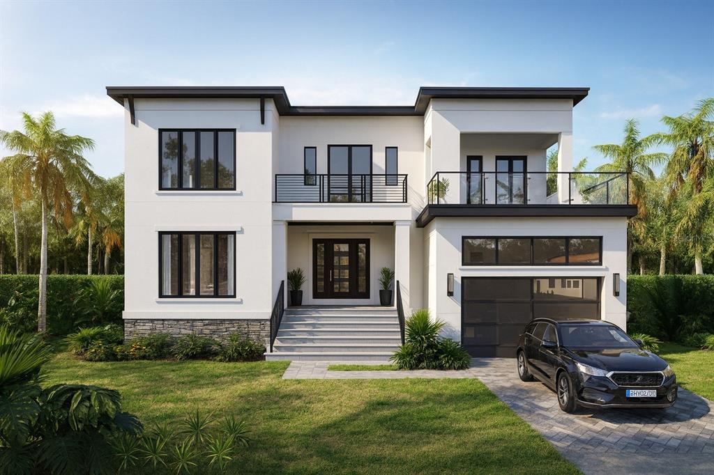 This is a rendering of a two-story modern house with a balcony and attached garage — 4621 W EL PRADO BOULEVARD, TAMPA, FL