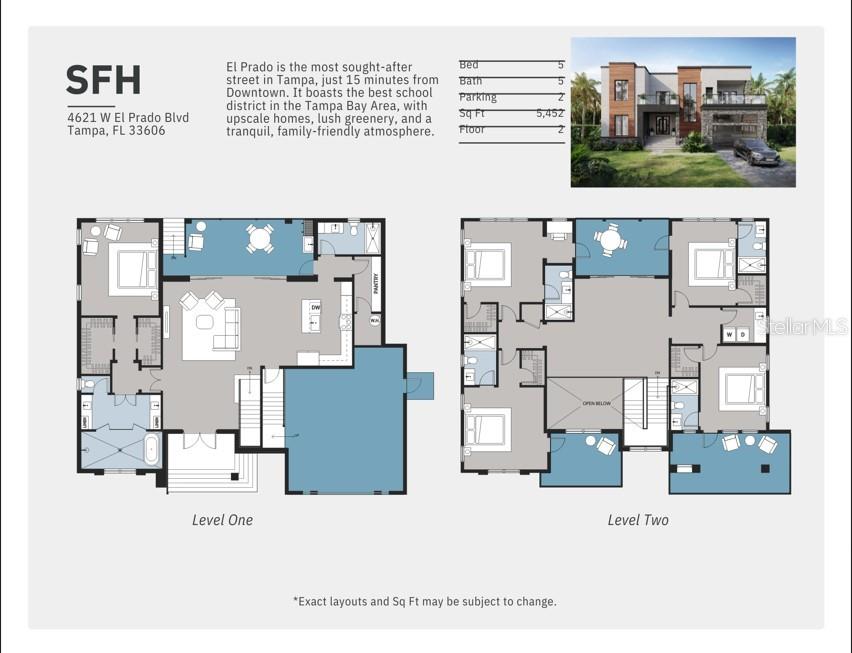 This image shows a rendering and floor plans for a two-story, five-bedroom residential property — 4621 W EL PRADO BOULEVARD, TAMPA, FL
