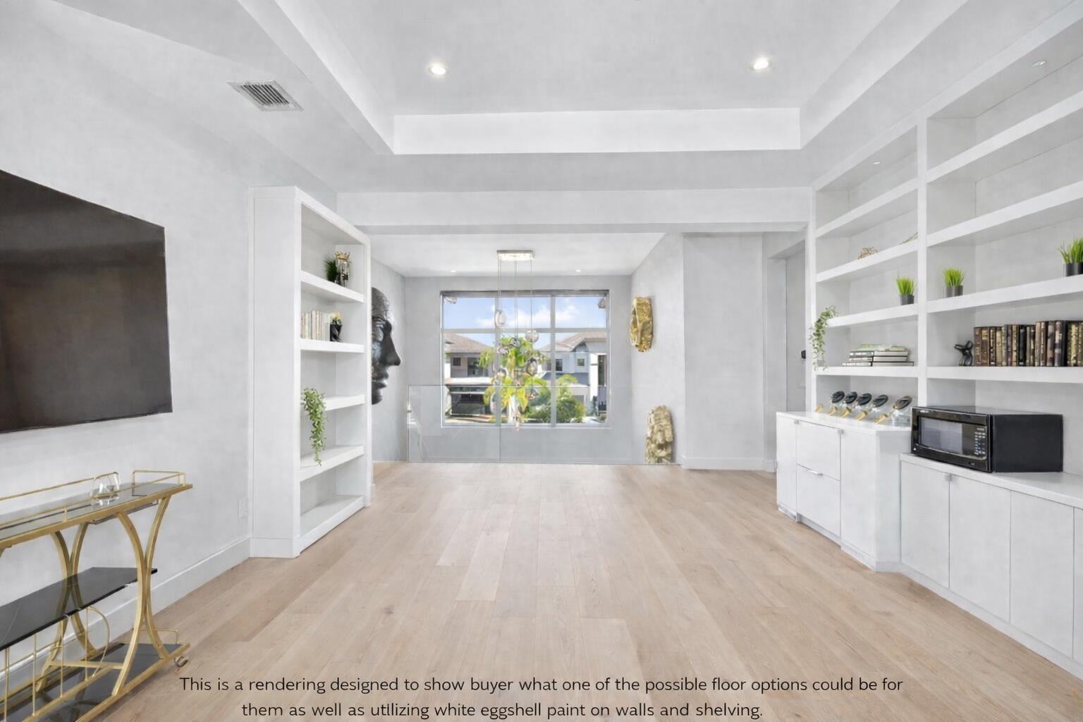 This rendering shows a bright, modern room with white built-in shelving and light wood flooring — 9739 Chianti Classico Terrace, Boca Raton FL 33496, BOCA RATON, FL