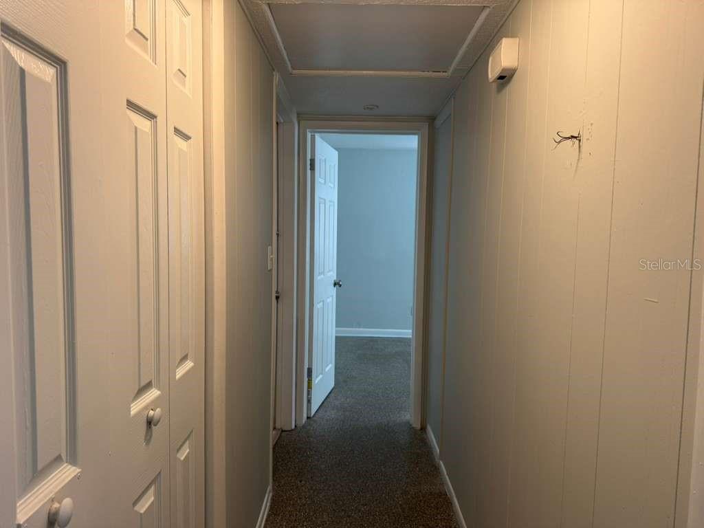 A narrow hallway with paneled walls leads to a doorway opening into a carpeted room — 5717 FERNHILL DRIVE, ORLANDO, FL