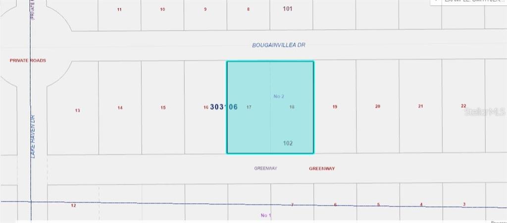 This is a plat map showing a highlighted parcel of land located between Bougainvillea Drive and a greenway — 515 BOUGAINVILLE DRIVE, INDIAN LAKE ESTATES, FL