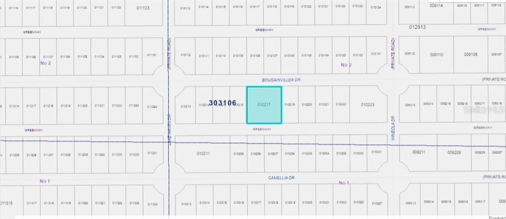 This is a plat map showing a highlighted parcel of land within a residential subdivision — 515 BOUGAINVILLE DRIVE, INDIAN LAKE ESTATES, FL