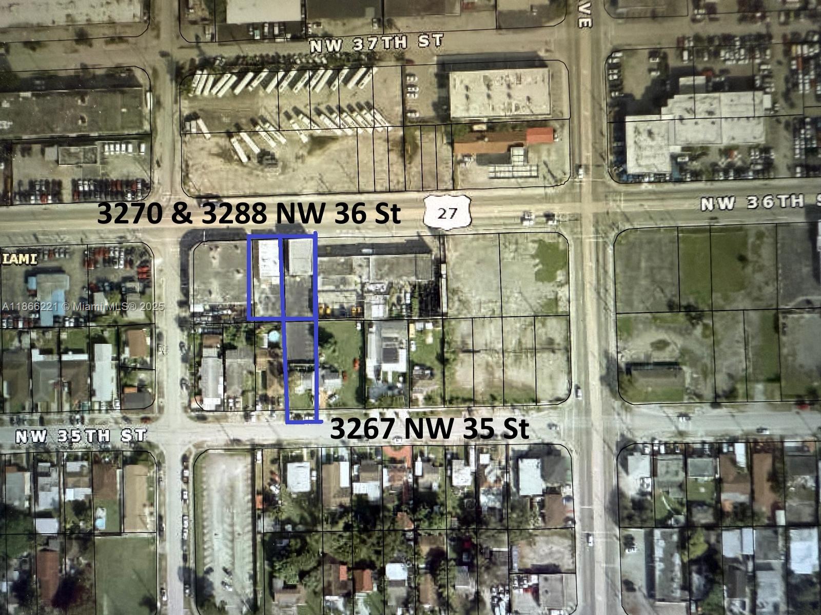 An aerial map view highlights specific properties outlined in blue between two city streets — 3267 NW 35th St, Miami FL 33142, MIAMI, FL
