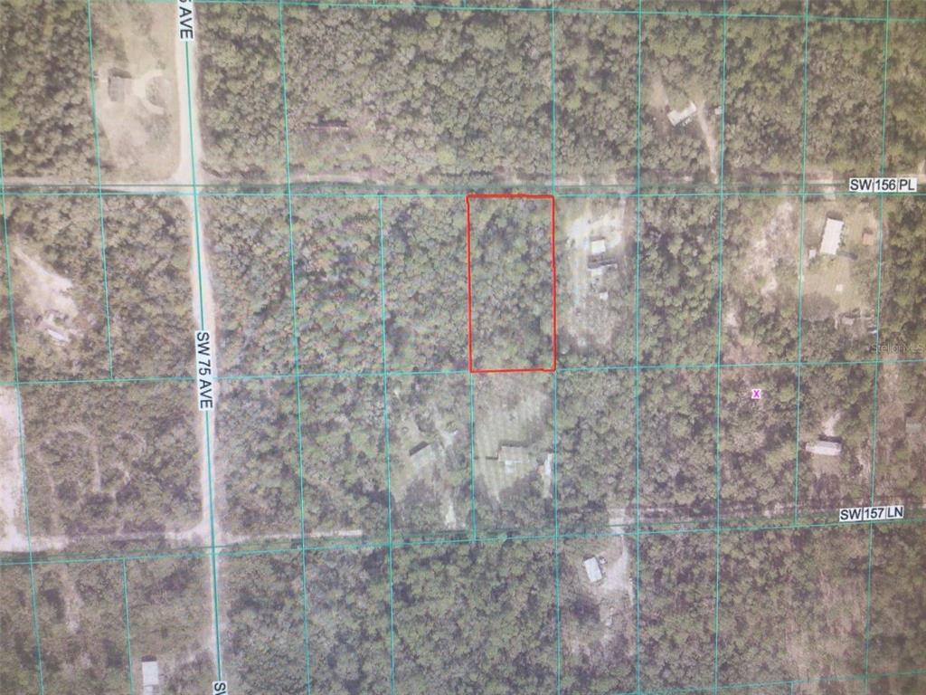 This is an aerial map showing a rectangular property parcel outlined in red — 0 SW 156 PLACE, DUNNELLON, FL