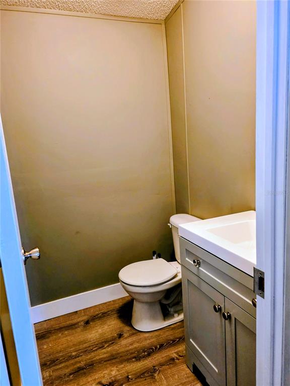 A small bathroom features a white toilet, a grey vanity with a sink, and wood-look flooring — 205 W SHELL POINT ROAD Bldg A, RUSKIN, FL