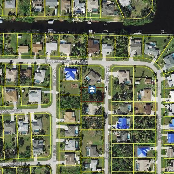 This is an aerial map view of a residential neighborhood with a highlighted vacant lot — 4203 DAY STREET, PORT CHARLOTTE, FL
