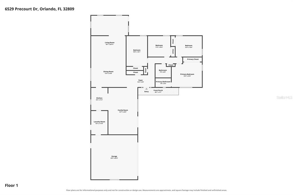 This is a floor plan for a single-story house with a garage and multiple bedrooms — 6529 PRECOURT DRIVE, ORLANDO, FL