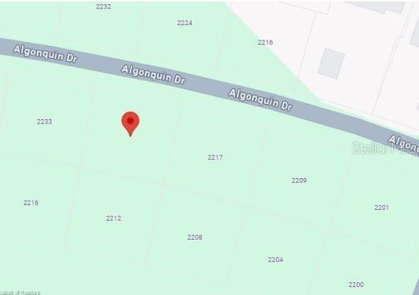 This is a map showing a red location pin on a residential lot — 2225 ALGONQUIN DRIVE, SEBRING, FL