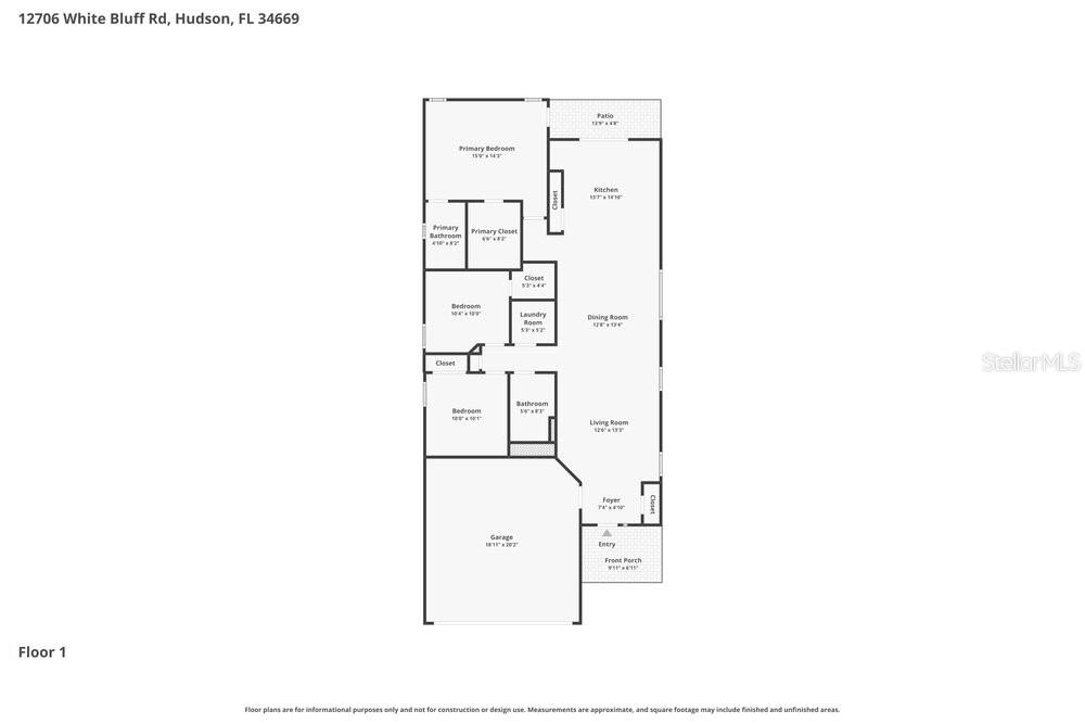 This is a floor plan for a single-story house with a garage and three bedrooms — 12706 WHITE BLUFF ROAD, HUDSON, FL