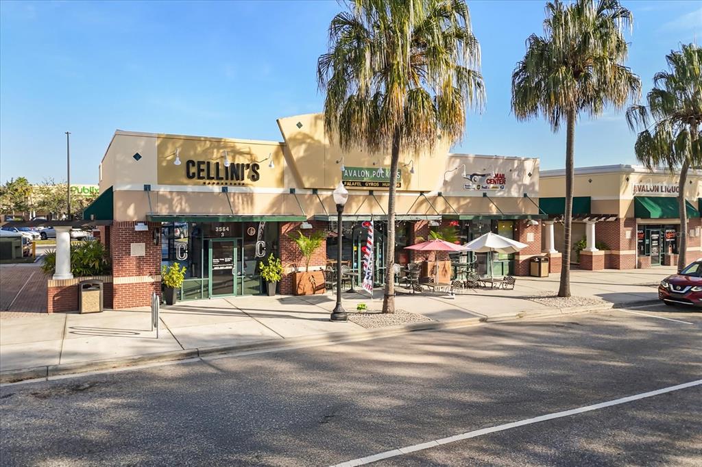 A strip mall features a barbershop, a restaurant, and a liquor store under palm trees — 3564 AVALON PARK BOULEVARD, ORLANDO, FL