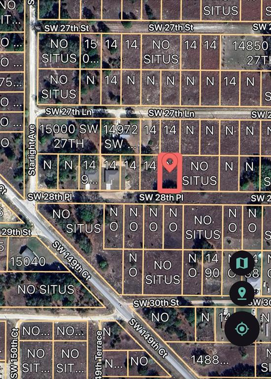 This is a satellite map view showing a highlighted vacant lot within a residential subdivision — 00 SW 28TH PLACE, OCALA, FL