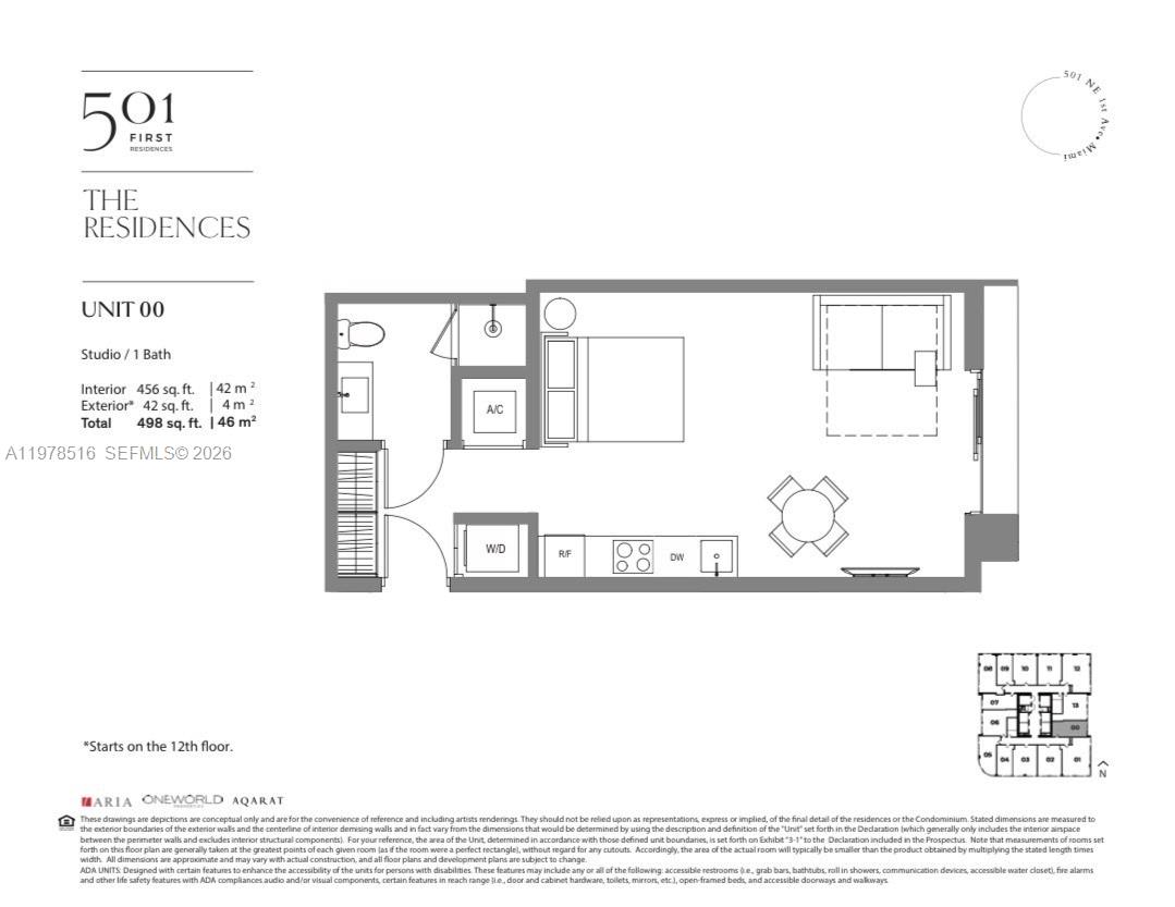 This is a floor plan for a studio apartment featuring one bathroom and a balcony — 121 NE 5th st # 3400, Miami FL 33132, MIAMI, FL