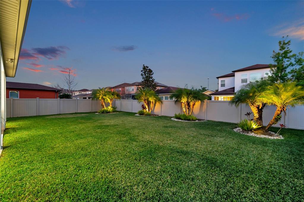 A grassy backyard features a vinyl privacy fence, landscape lighting, and several palm trees — 4020 EMPOLI COURT, WESLEY CHAPEL, FL