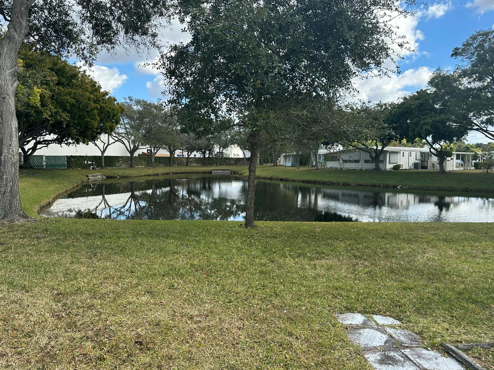 A pond sits in the center of a grassy yard surrounded by trees and houses — 8261 E Club Road, Boca Raton FL 33433, BOCA RATON, FL