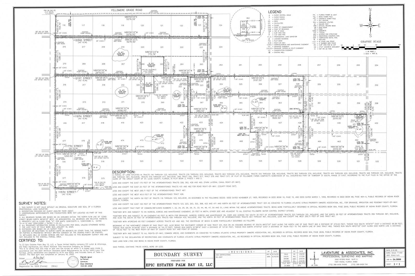 This is a boundary survey map showing a large tract of land in Florida — FELLSMERE, FL