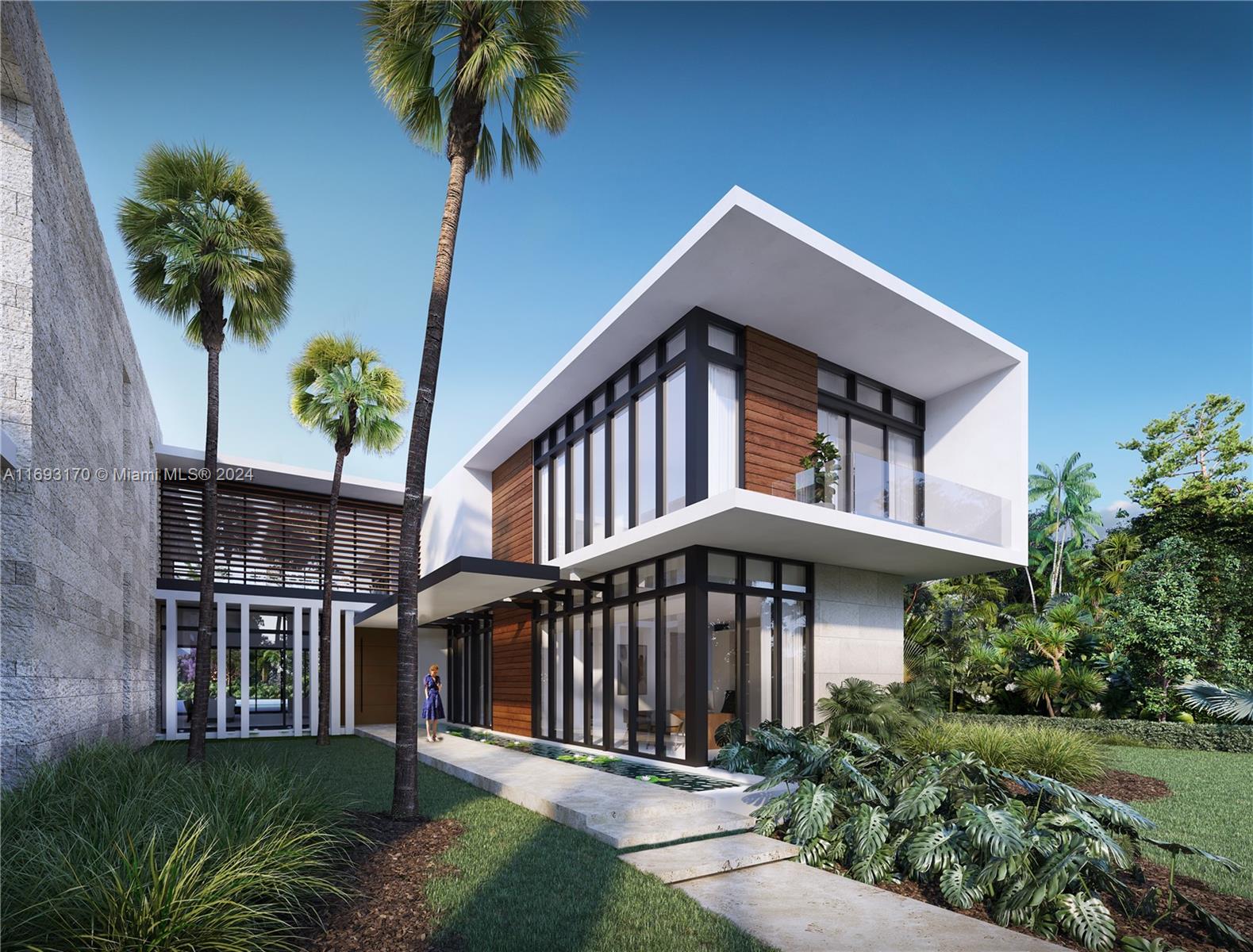 This is a rendering of a modern two-story house with wood accents and glass walls — 6058 SW 120th St, Pinecrest FL 33156, PINECREST, FL