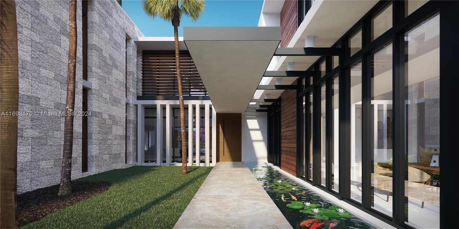 This architectural rendering shows a modern home entrance with a stone walkway and koi pond — 6058 SW 120th St, Pinecrest FL 33156, PINECREST, FL