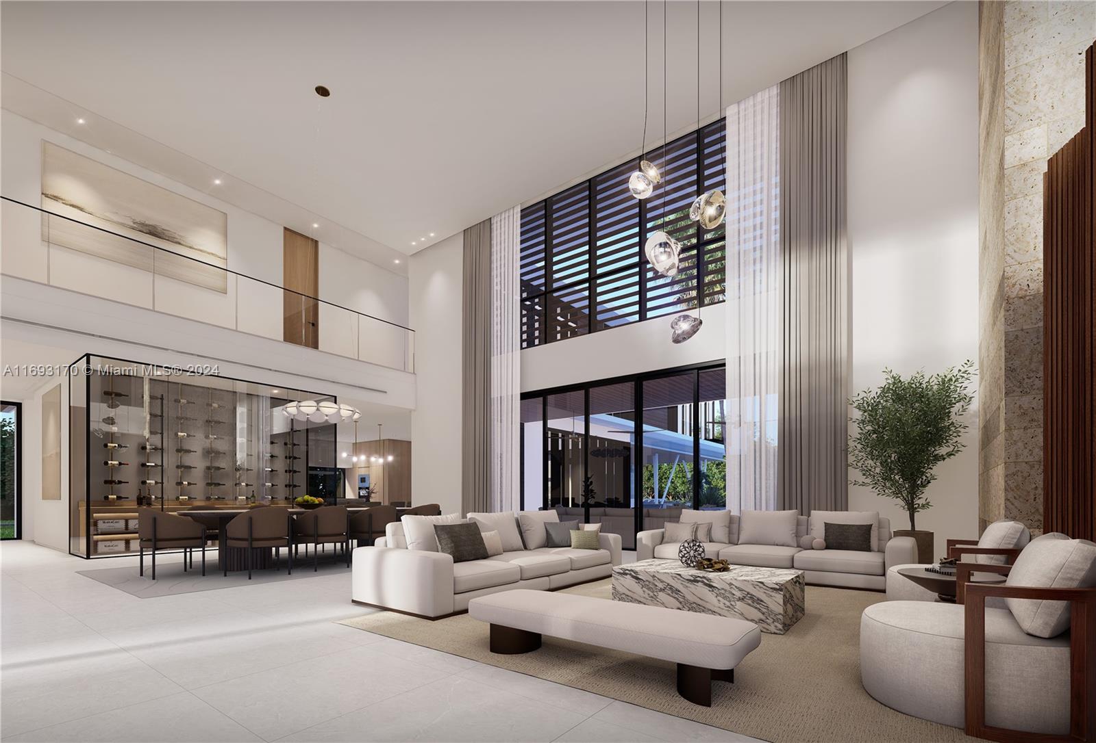 This rendering shows a modern double-height living room with a glass wine cellar and fireplace — 6058 SW 120th St, Pinecrest FL 33156, PINECREST, FL