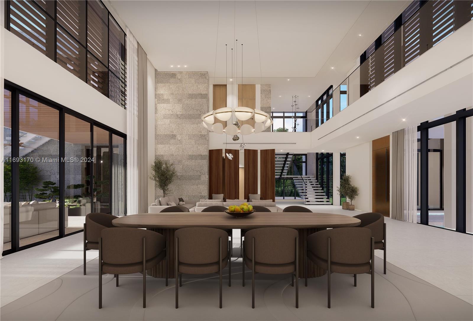 This is a rendering of a modern dining room with a double-height ceiling and stone wall — 6058 SW 120th St, Pinecrest FL 33156, PINECREST, FL