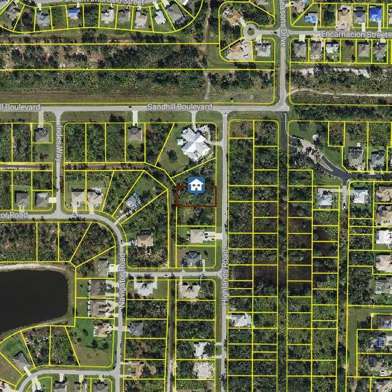 This is an aerial map showing a vacant residential lot highlighted in a suburban neighborhood — 1035 HIGHLANDS ROAD, PUNTA GORDA, FL