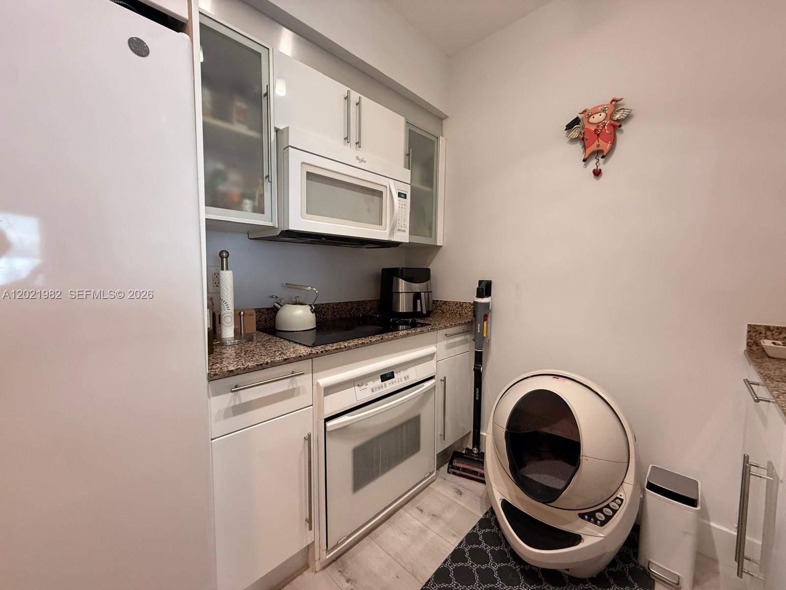 A small kitchen features white cabinets, granite countertops, stainless appliances, and a cat litter box — 325 S Biscayne Blvd # 2024, Miami FL 33131, MIAMI, FL