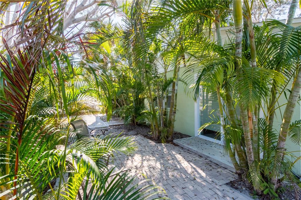 A paved patio area sits beside a light green house surrounded by lush palm trees — 750 BAY ESPLANADE, CLEARWATER BEACH, FL