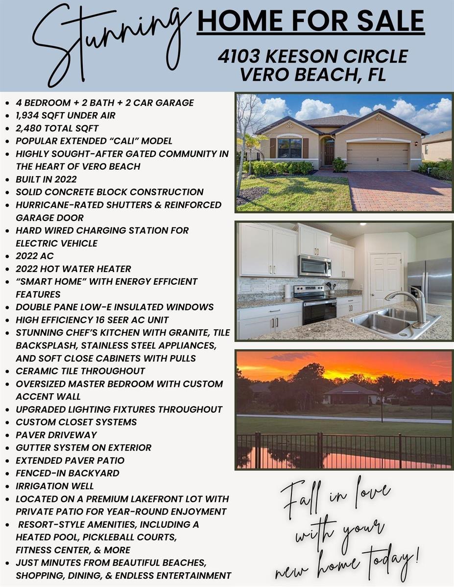 A real estate flyer displays a house exterior, a kitchen interior, and a lakefront view — 4103 Keeson Circle, Vero Beach FL 32967, VERO BEACH, FL