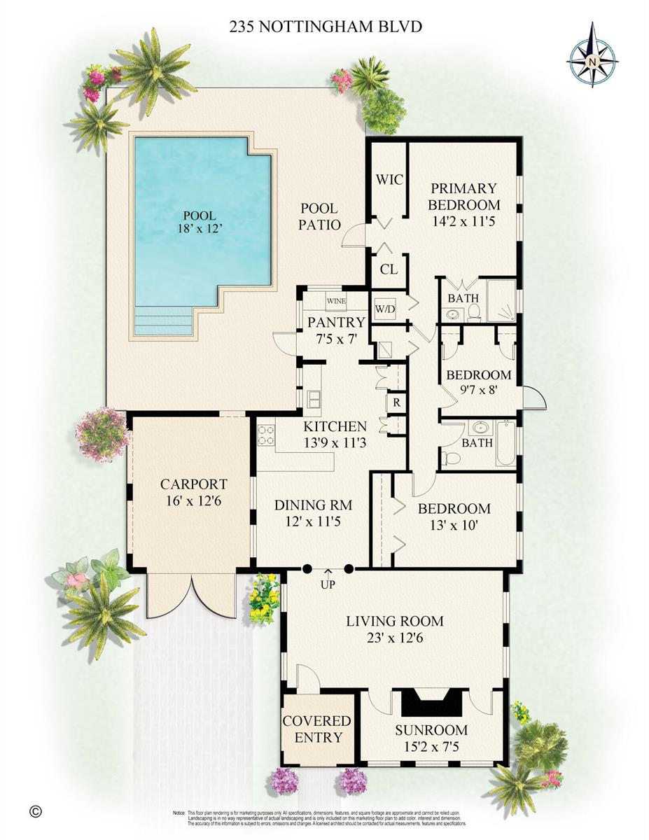 This floor plan shows a house with three bedrooms, a kitchen, a pool, and a carport — 235 Nottingham Boulevard, West Palm Beach FL 33405, WEST PALM BEACH, FL
