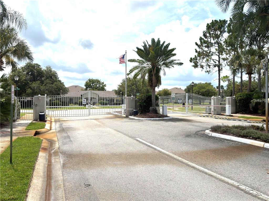 A gated entrance with white metal fences, a palm tree, and an American flag — 27802 PLEASURE RIDE LOOP, WESLEY CHAPEL, FL