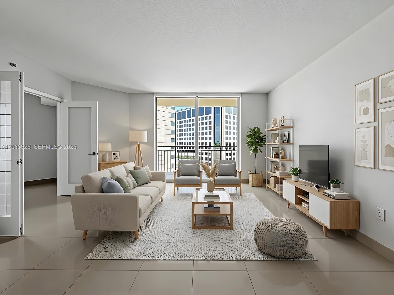 This is a rendering of a modern living room featuring a sofa, armchairs, and television — 9055 SW 73rd Ct # 1004, Pinecrest FL 33156, PINECREST, FL
