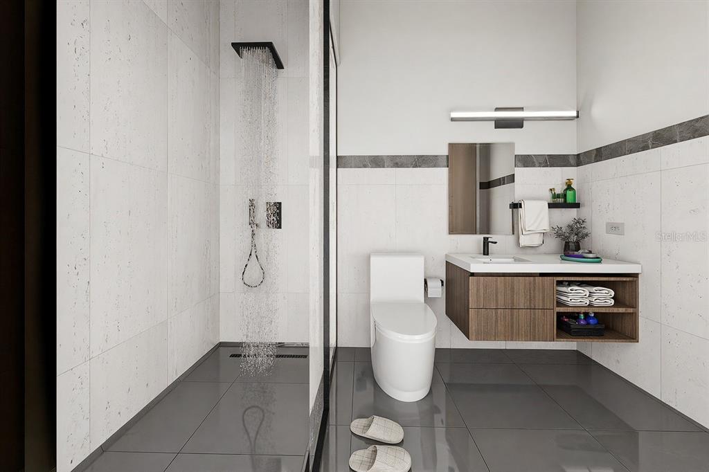 This is a rendering of a modern bathroom with a walk-in shower and floating vanity — 10775 RODEO DRIVE UNIT 1, LAKEWOOD RANCH, FL