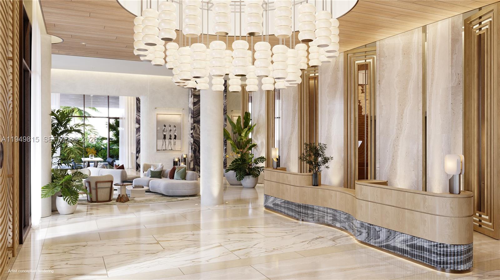 This architectural rendering shows a modern hotel lobby with a large chandelier and reception desk — 3724 S OCEAN DR # 509, Hollywood FL 33019, HOLLYWOOD, FL
