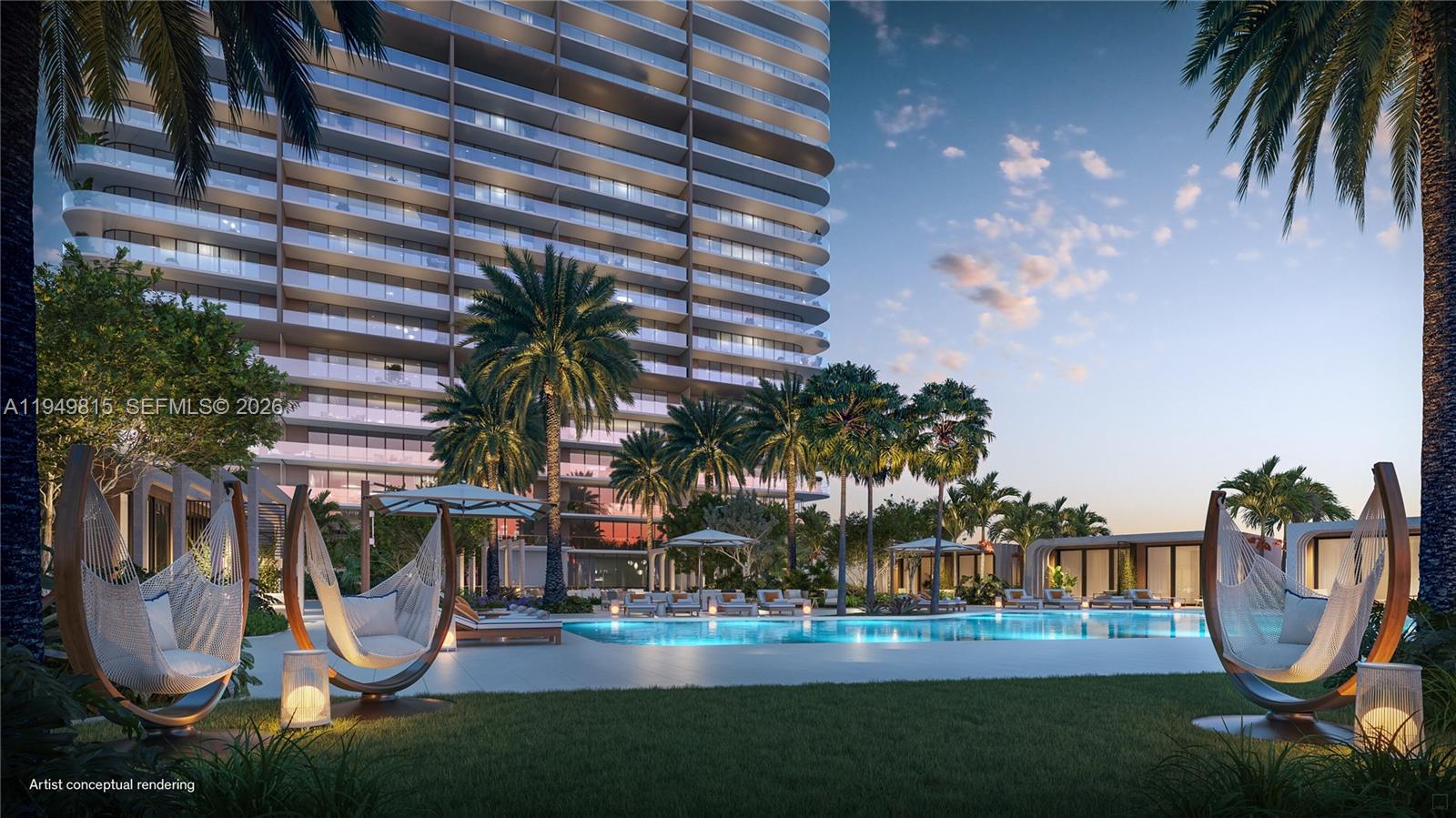 This artist conceptual rendering shows a luxury apartment building exterior with a pool and hammocks — 3724 S OCEAN DR # 509, Hollywood FL 33019, HOLLYWOOD, FL