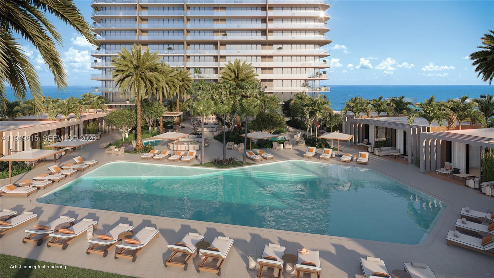 This artist conceptual rendering shows a luxury resort-style swimming pool area with lounge chairs — 3724 S OCEAN DR # 509, Hollywood FL 33019, HOLLYWOOD, FL