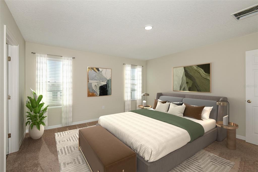 This is a digital rendering of a bedroom featuring a bed, bench, and two windows — 1719 VANILLA STREET, HAINES CITY, FL