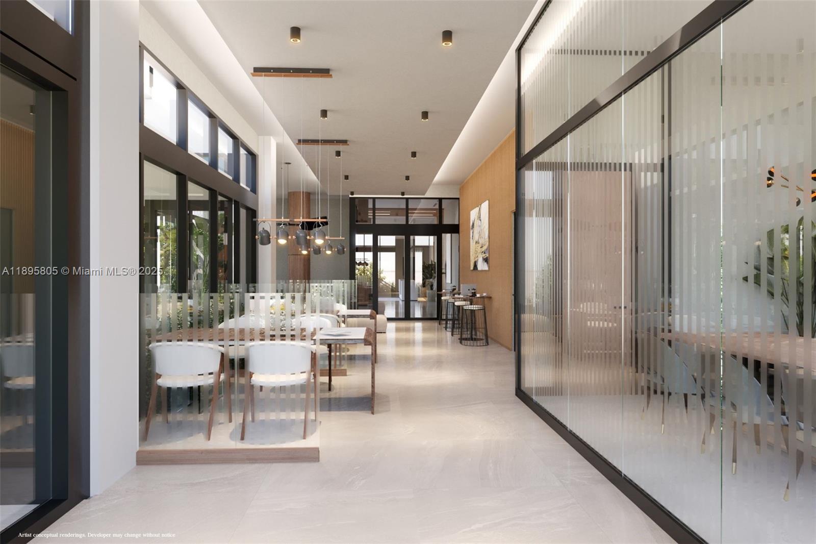 This architectural rendering shows a modern, sunlit hallway with glass partitions, seating areas, and lighting — 1420 NW 14th Ave # 1523, Miami FL 33125, MIAMI, FL