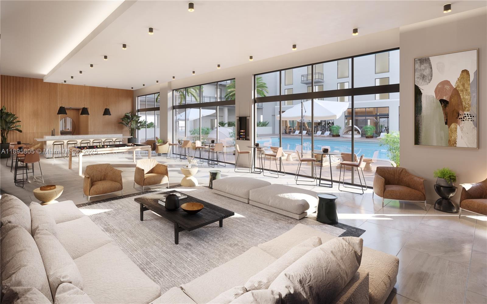 This rendering shows a modern lounge area with a pool table, seating, and floor-to-ceiling windows — 1420 NW 14th Ave # 1523, Miami FL 33125, MIAMI, FL