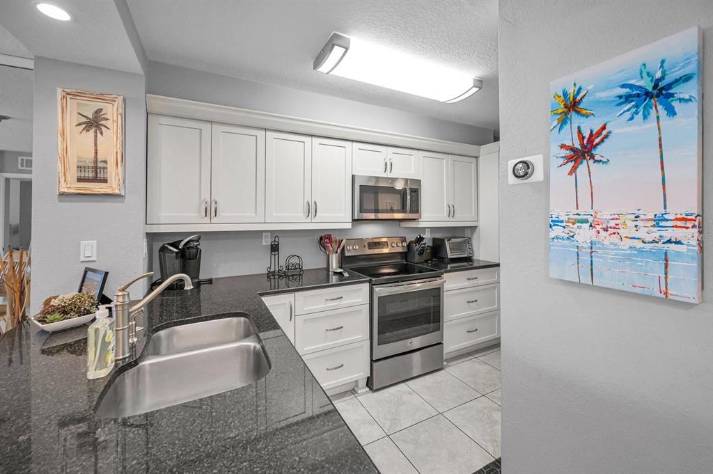 A kitchen with white cabinets, stainless steel appliances, and dark granite countertops — 5901 BAHIA DEL MAR CIRCLE UNIT 223, ST PETERSBURG, FL