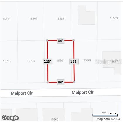This is a map showing the rectangular property boundaries and dimensions of a vacant lot — 15801 MELPORT CIRCLE, PORT CHARLOTTE, FL