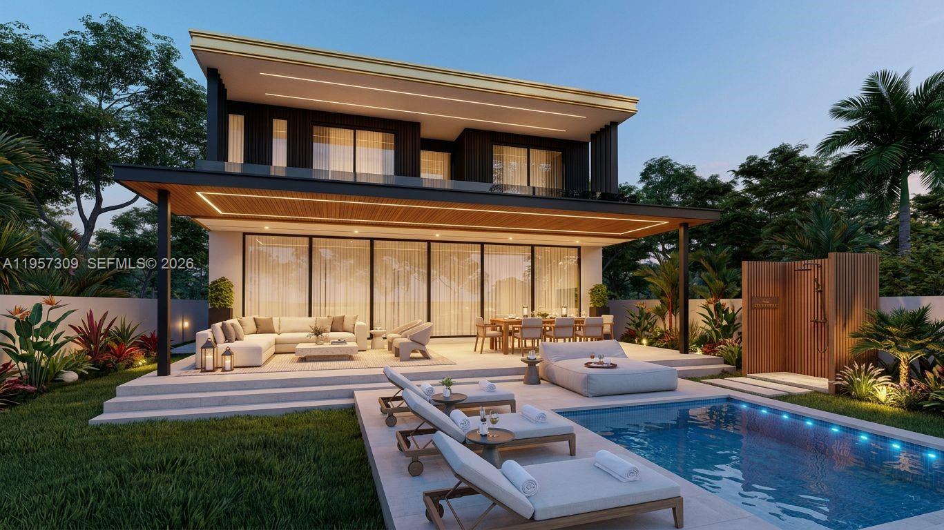 This is a rendering of a modern two-story house with a pool and outdoor patio — 260 NE 14th St, Delray Beach FL 33444, DELRAY BEACH, FL