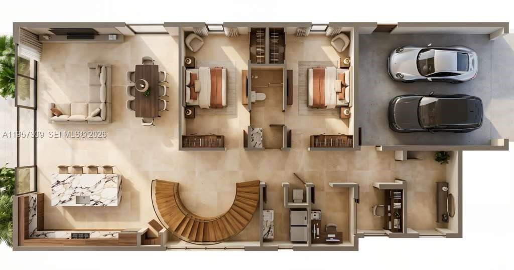 This is a 3D floor plan rendering of a modern home with two bedrooms and garage — 260 NE 14th St, Delray Beach FL 33444, DELRAY BEACH, FL